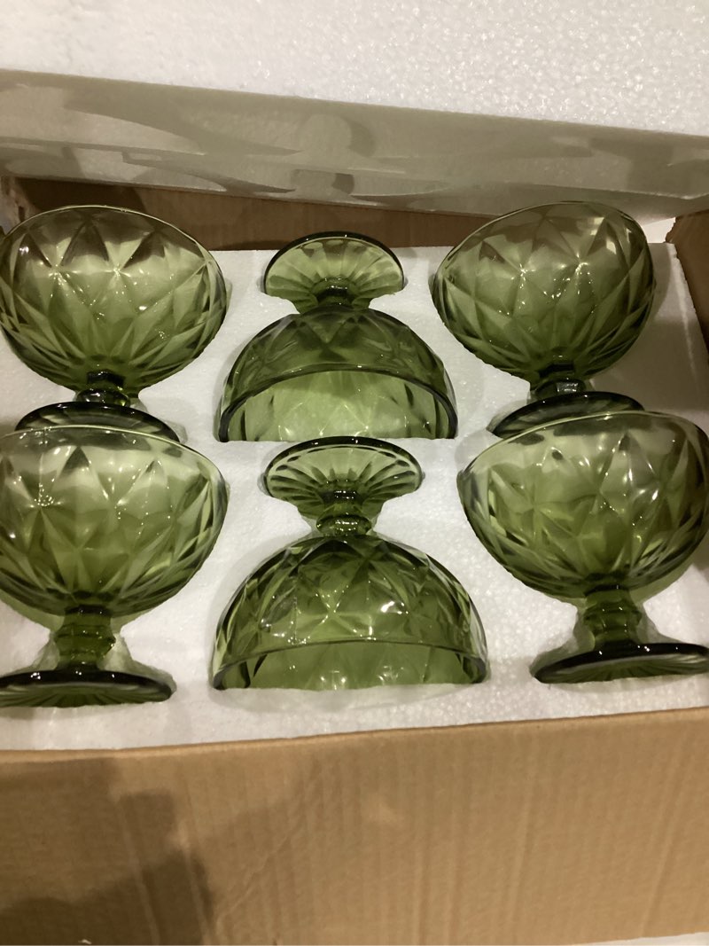 Condition photo showing Good Condition for chljar vintage glass dessert bowls set of 6-12 oz, green embossed glass ice cream bowls for coconut peach ice cream fruit pudding trifle parfait(12 oz, rhombic) green rhombus-diamond