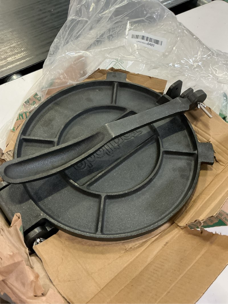 Condition photo showing As Is for lot45 tortilla press 12 inch - cast iron manual roti maker dough press for corn tortillas, tamales, chapati, naan bread, pizza dough with 50 parchment paper sheets