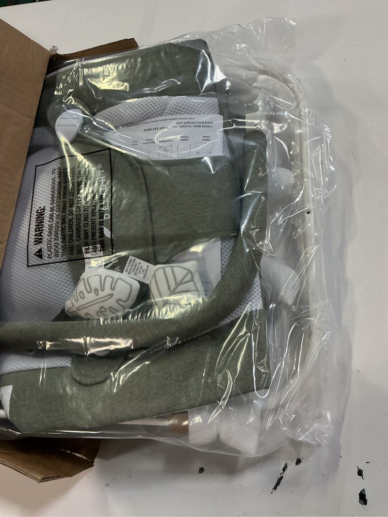 Condition photo showing New/Like New for baby delight highland baby bouncer, sage tweed | for infants 0 – 6 months, 3-position recline, adjustable 3-point harness, secure locking mechanism, folds flat