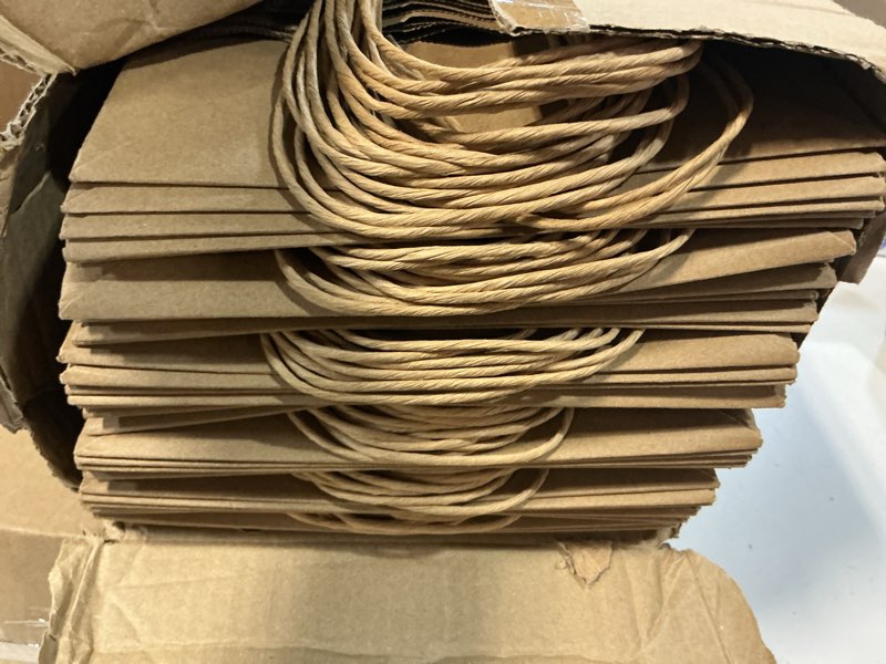 Condition photo showing Good Condition for 100 pack 8x4.75x10 inch medium brown paper bags with handles bulk, joybe kraft paper gift bags for birthday party favors grocery retail shopping business goody craft blank sacks (plain natural 100pcs)