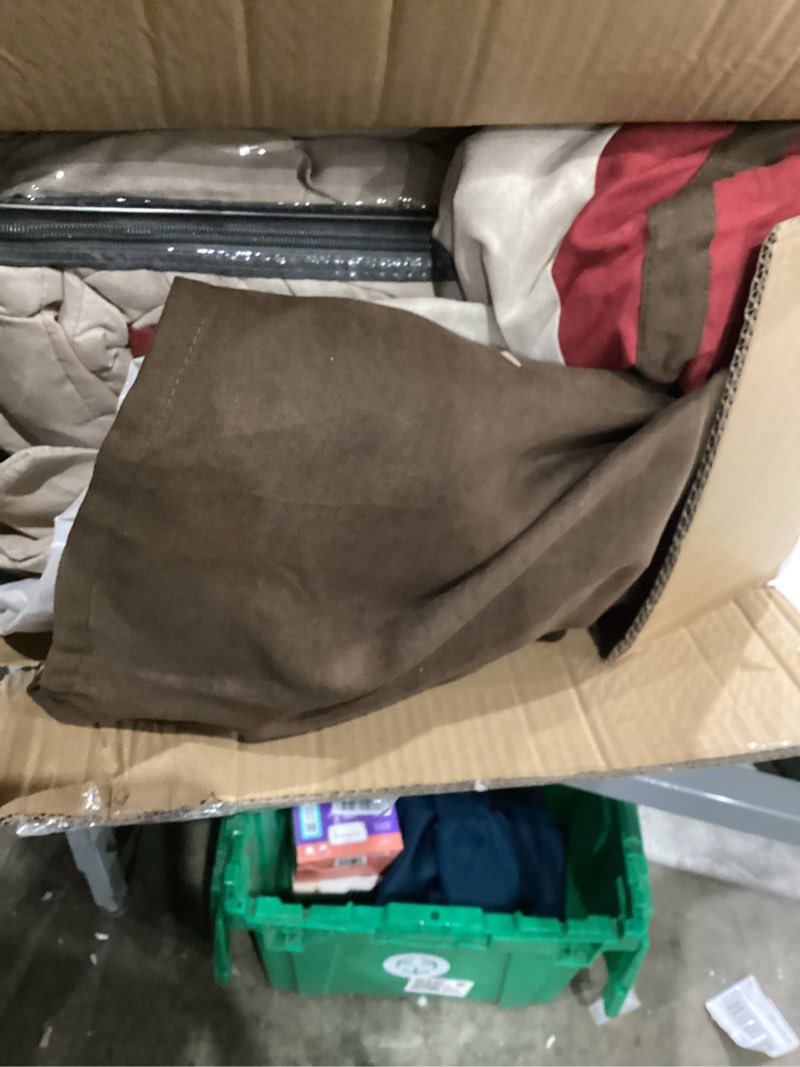 Condition photo showing Good Condition for madison park palmer comforter set-luxury faux suede design, striped accent, all season down alternative bedding, matching shams, decorative pillow, bed skirt, queen (90 in x 90 in), red 7 piece red queen (90 in x 90 in)