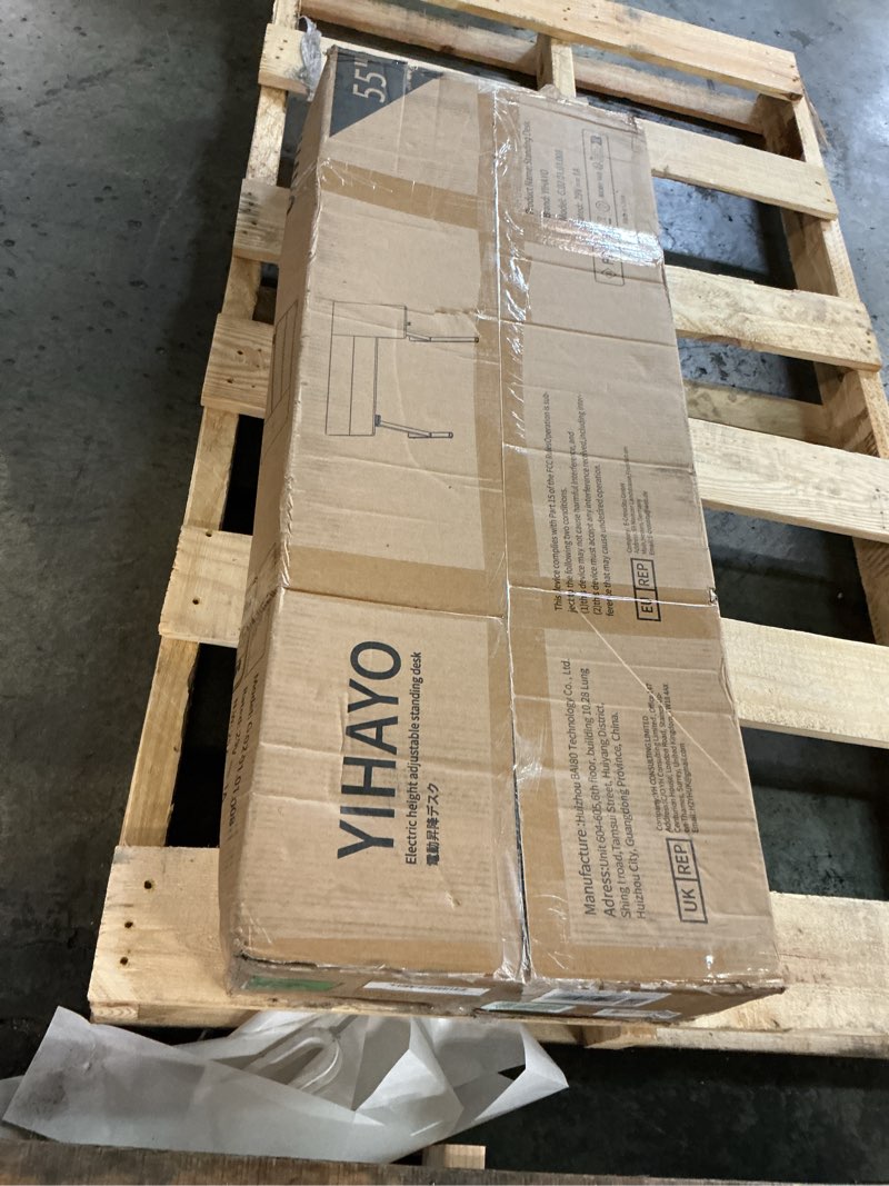 Condition photo showing As Is for YIHAYO Reversiable L-Shaped Electric Standing Desk, 55 Inches Stand Up Corner Desk, Sit and Stand Up for Work Office Home, Ergonomic Rising Computer Table with Splice Board, Rustic Brown Black Frame/Rustic Brown Top 55*36 Inch