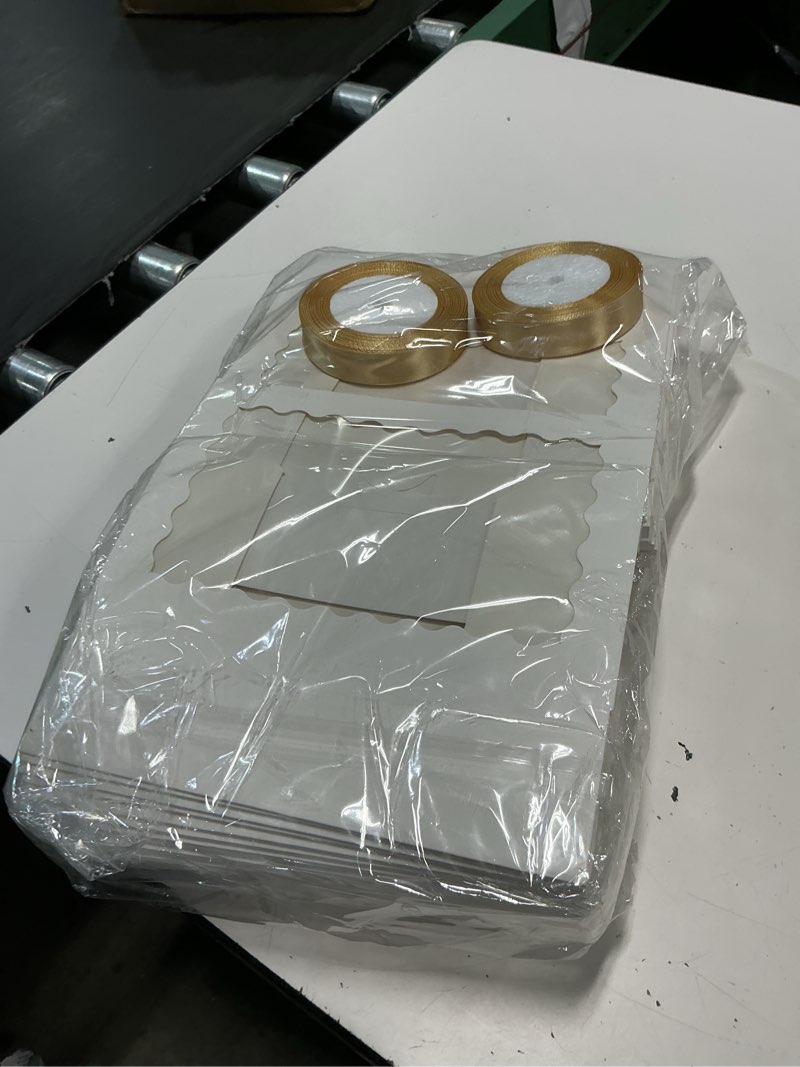 Condition photo showing Good Condition for cotopher auto pop up cookie box with window 9x6x2.5 inches – 50 pack white bakery boxes with gold ribbon for birthday party favors, wedding, christmas gift packaging for cookies, candy, macarons white 9x6x2.5in-50 pack