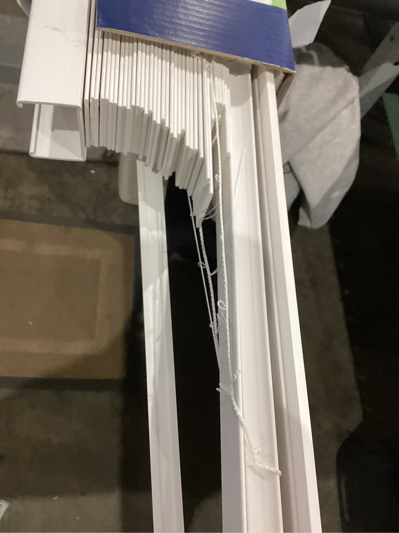 Condition photo showing As Is for levolor basics cordless light filtering faux wood blinds, easy to install 2” blinds for windows, timeless look, fits up to 47” width and 64” length, home solution for any space or room 47"w x 64"h white 1
