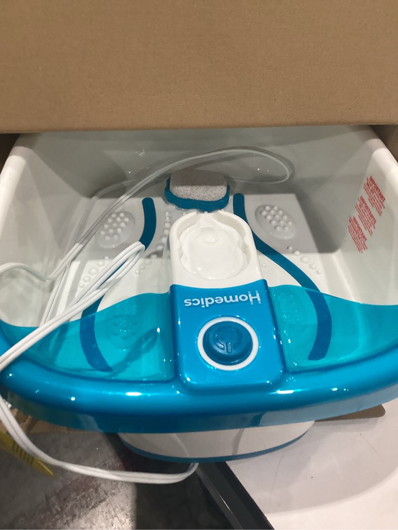 Condition photo showing As Is for homedics bubble mate foot spa, toe touch controlled foot bath with invigorating bubbles and splash proof, raised massage nodes and removable pumice stone