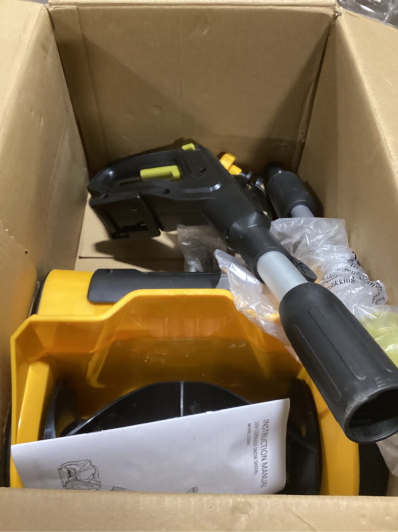 Condition photo showing As Is for Cordless Snow Shovel Compatible with DeWalt 20V Battery, 12" Electric Snow Blower with 20FT Max Throw & Adjustable Handle & Safety Switch, Snow Thrower for Driveway, Deck, Patio, Steps (NO Battery) Yellow