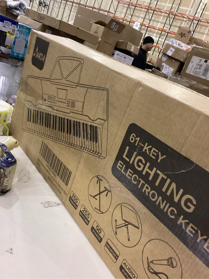 61 key portable electronic keyboard piano w/lighted full size keys, lcd, headphones, x-stand, stool,