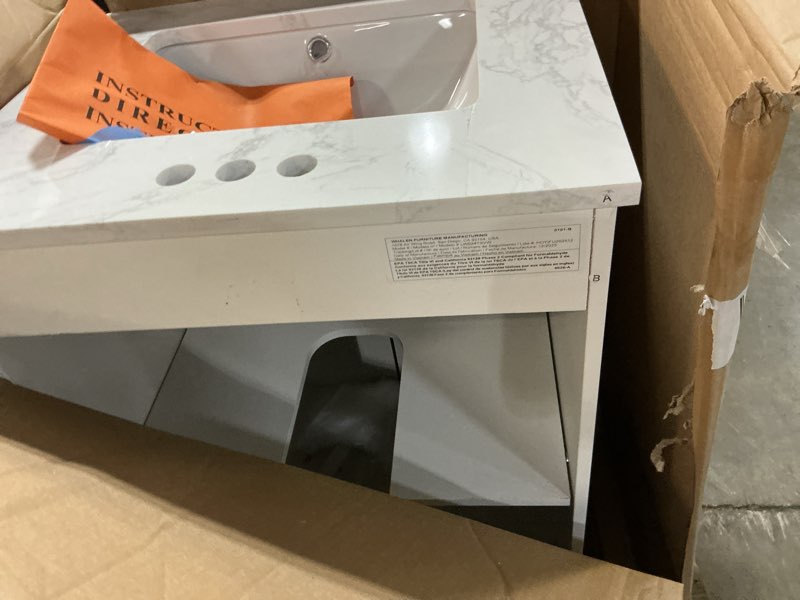 Condition photo showing As Is for allen + roth pittman 24-in white undermount single sink bathroom vanity with white engineered calacatta veined engineered stone top