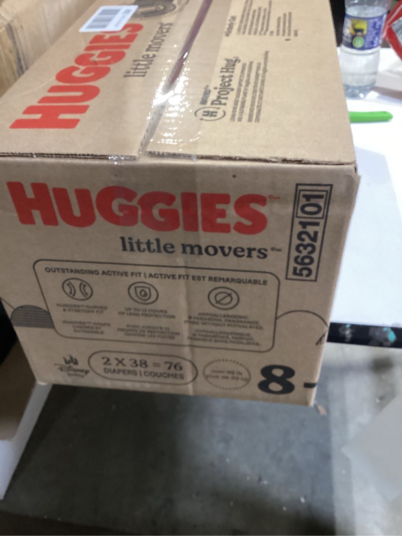 Condition photo showing New/Like New for huggies size 8 diapers, little movers baby diapers, size 8 (46+ lbs), 76 count (2 packs of 38), packaging may vary