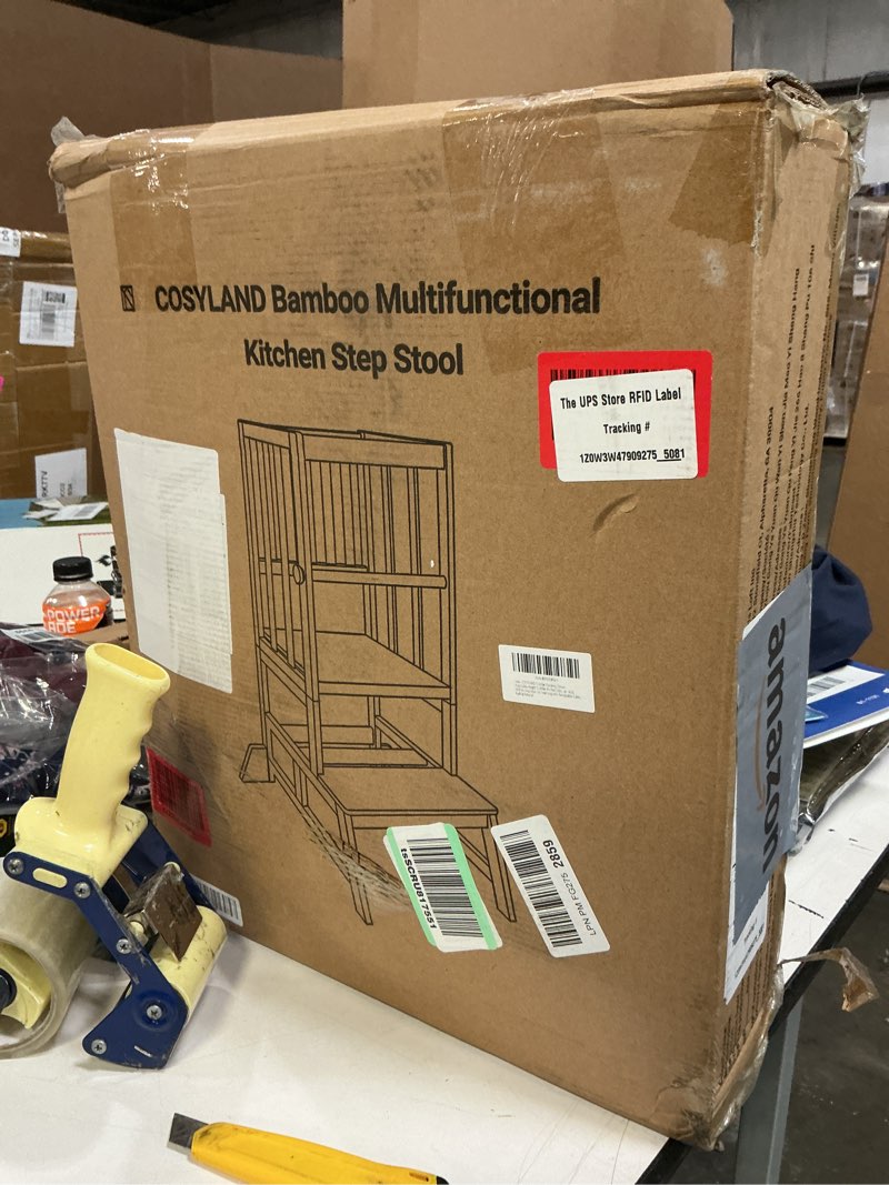 Condition photo showing As Is for COSYLAND Toddler Standing Tower - Adjustable Height Toddler Kitchen Stool Helper - Kids Kitchen Step Stool for Learning with Removable Safety Railing Natural Natural Large