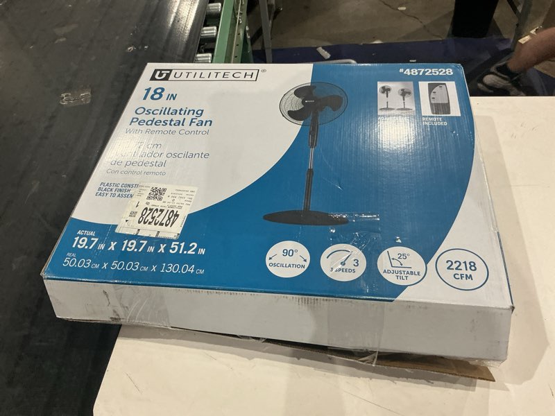 Condition photo showing As Is for utilitech 18-in indoor oscillating pedestal fan, in black with remote