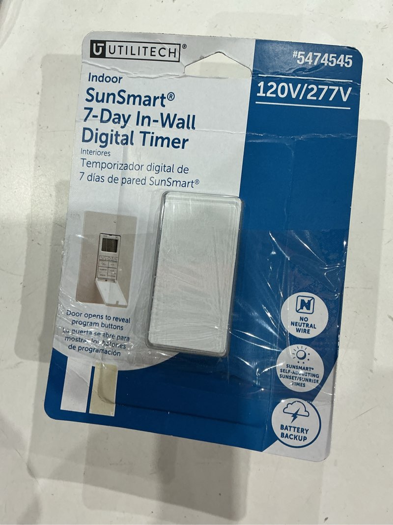 Condition photo showing As Is for utilitech 15-amps 120-volt indoor programmable digital lighting timer