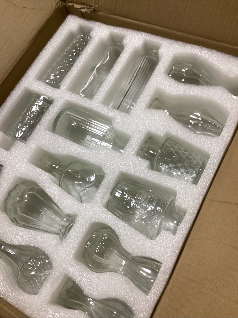 Condition photo showing Good Condition for 36Pcs Bud Vases Set Small Vintage Glass Bottles Clear Bud Vases in Bulk Multiple Shape Cute Glass Vases for Rustic Wedding Centerpieces Table Decorations and Home Decor(Clear)