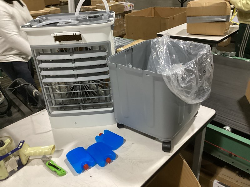 Condition photo showing As Is for flymoon upgraded cooling 10 gallon evaporative air cooler, swamp cooler with 120° oscillation, 7-hour timer, remote control, detachable tank for portable air conditioners, for bedroom, garage 2800cfm