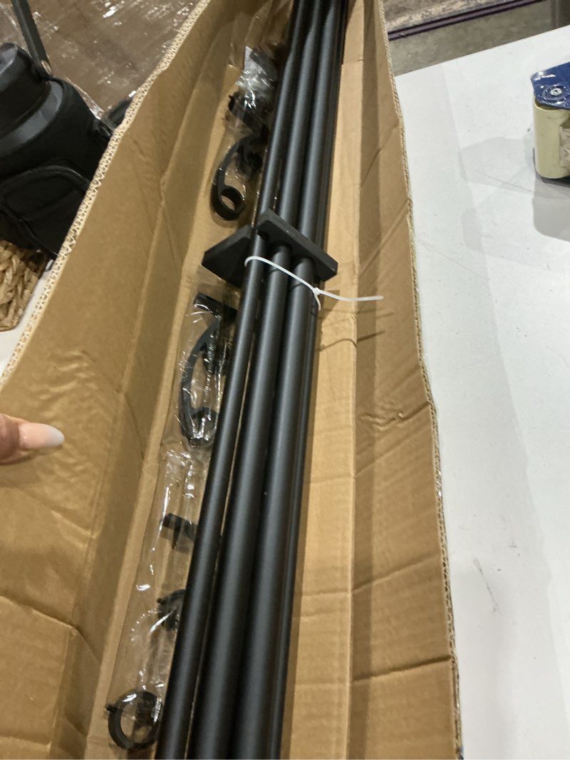 Condition photo showing Good Condition for double curtain rods 144-164 inches with clear round finials, telescoping drapery rods heavy duty 1 inch front and 5/8 inch diameter back double window treatment rod, matte black matte black 144-164"
