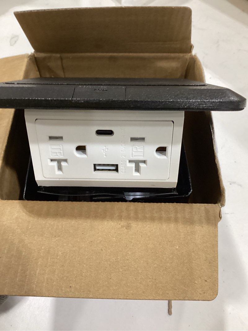 Condition photo showing Good Condition for Hoolerry Pop up Floor Outlet Floor Kit Waterproof Electrical Outlet Cover Box with 4.8A USB A & Type C Charge and 20 Amp Tamper Resistant Plug Receptacle Box for Countertop Office Home(Black)