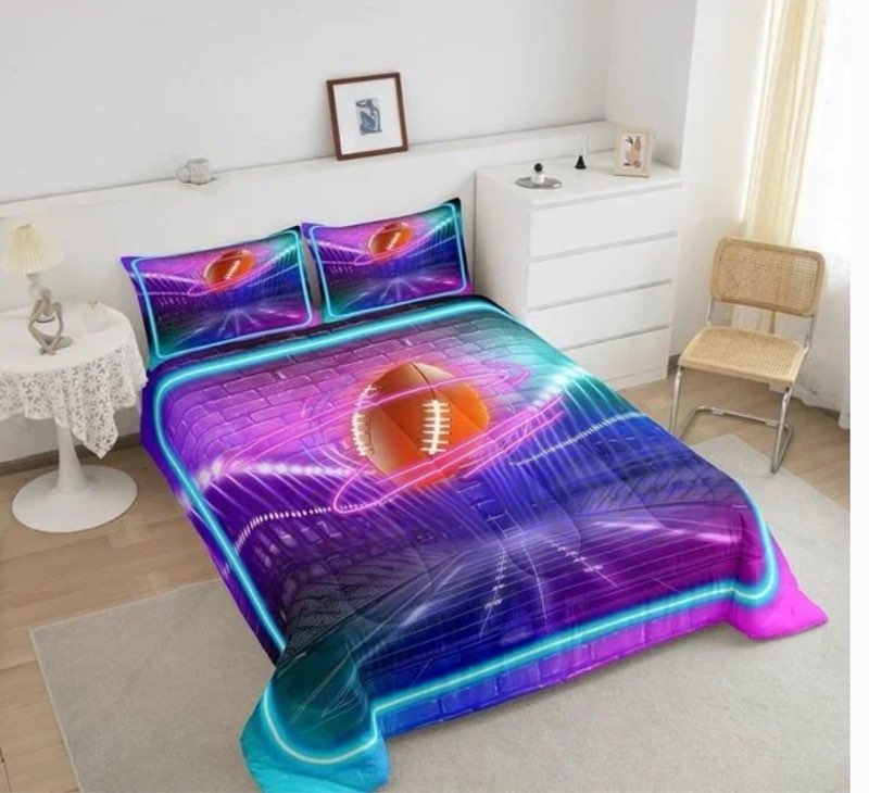 Peopleareok Football Comforter Set Queen (90x90 Inch), Purple Blue Football Theme Comforter, 3 Piece