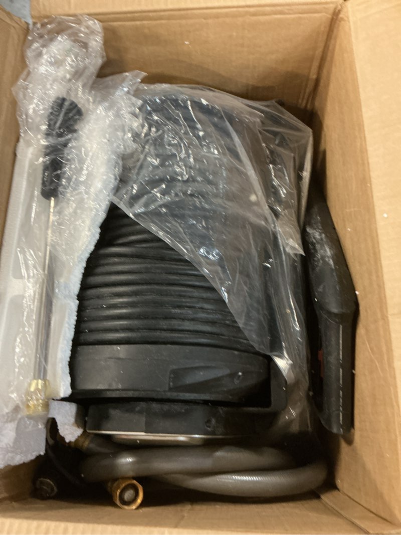 Condition photo showing As Is for Giraffe Tools Wall Mounted Pressure Washer G30 with Upgraded 1800W Motor, Max 2900 PSI, 2.2 GPM Electric Power Washer with 100ft Retractable Black Pressure Hose, Automatic Rewind, Light Silver 135B Light Silver