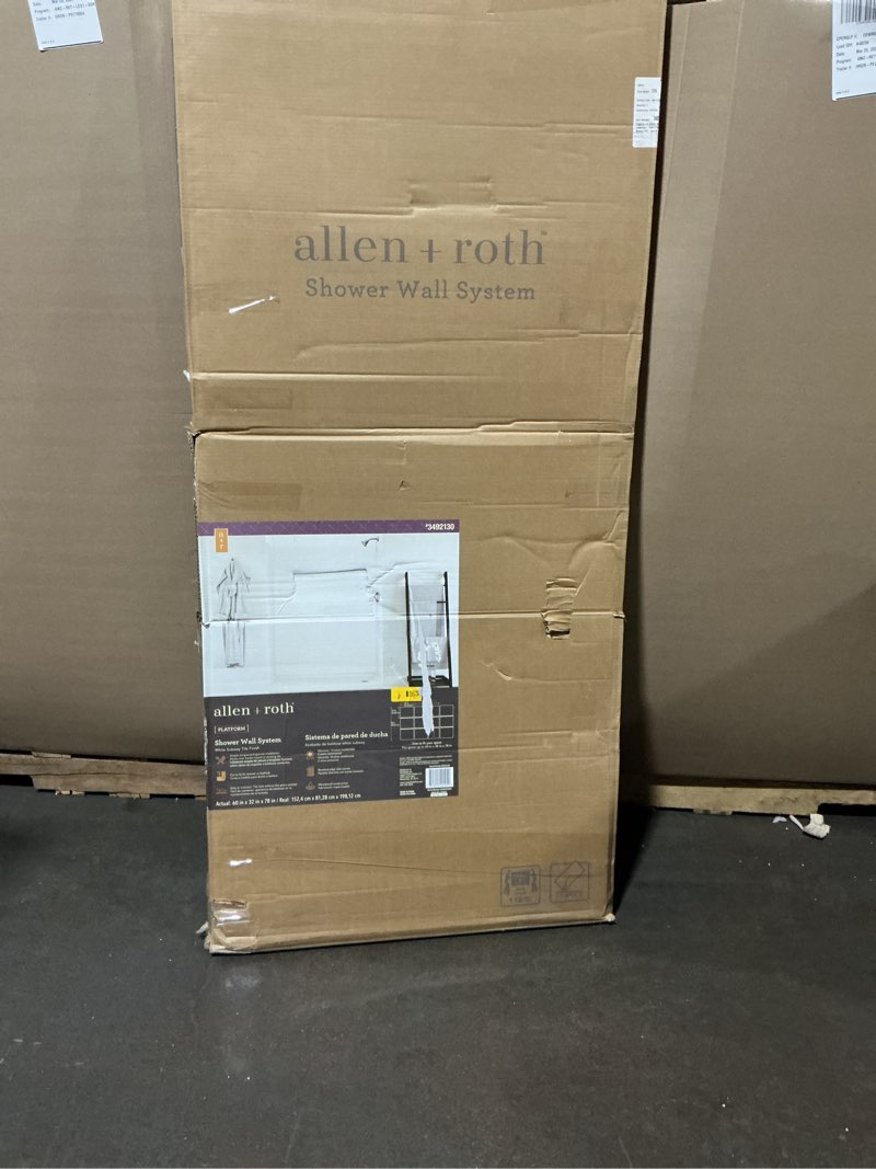 Condition photo showing As Is for allen + roth platform 60-in w x 32-in d x 78-in h white subway 9 -piece glue up alcove shower wall surround item #3492130 | 