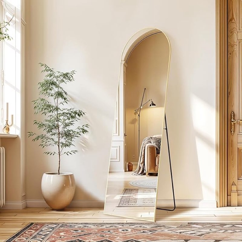 Arched Full Length Mirror, 56”x15” Body Wall Mirror With Shatter-Proof Glass, Tall Arch Aluminum Frame for Bedroom Cloakroom, Gold