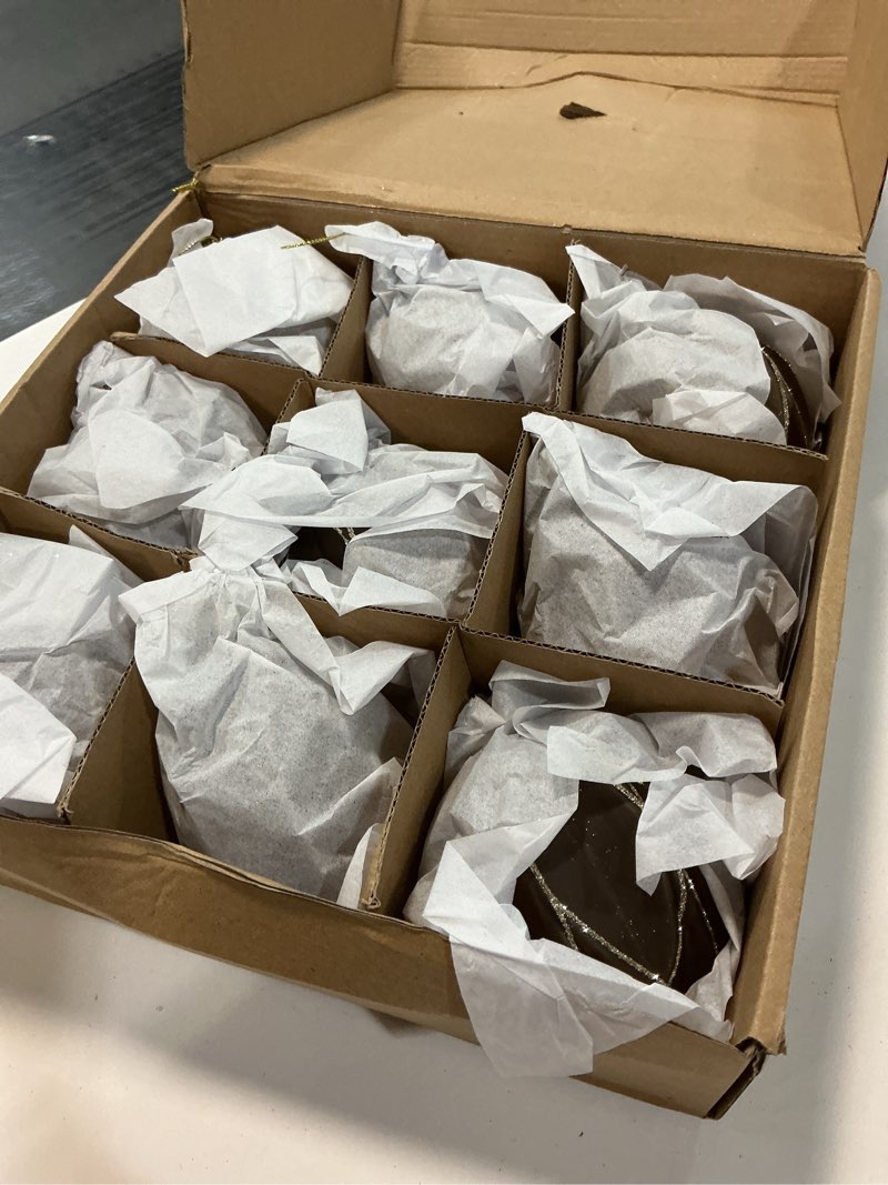 Condition photo showing Good Condition for WDS WONDROUS Christmas Ball Ornaments, Vintage Ball & Teardrop Xmas Tree Ornament Set, Hanging Assorted Glass Balls for Holiday Home Party Decor (9Pcs, Brown & Gold Line) Shiny Brown Set of 9