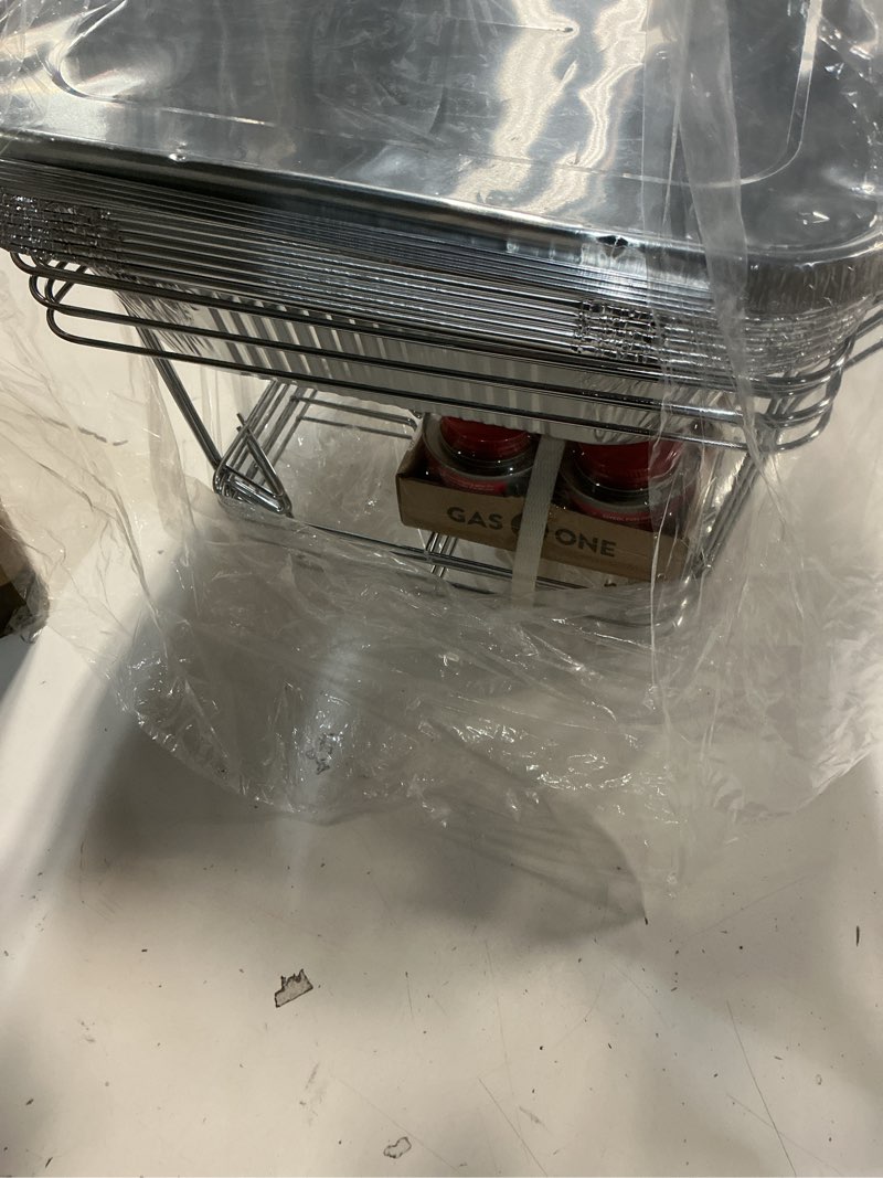 Condition photo showing Good Condition for alpha living 6 pack - disposable chafing dish buffet set, half size pans, welded body food warmers for parties, fuel cans complete set, warming trays complete kit (with racks)