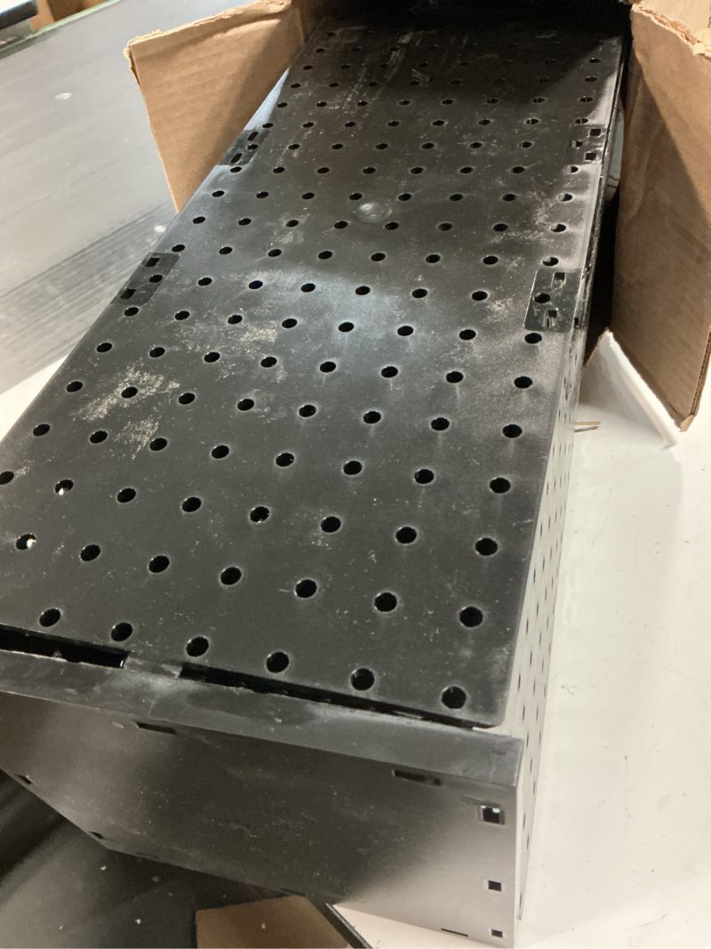 Condition photo showing As Is for Azar Displays 700780-BLK, TWO-SIDED PEGBOARD FLOOR DISPLAY W/C-CHANNEL SIDES ON REVOLVING ROUND STUDIO BASE. PANEL SIZE: 16"W X 60"H, Black