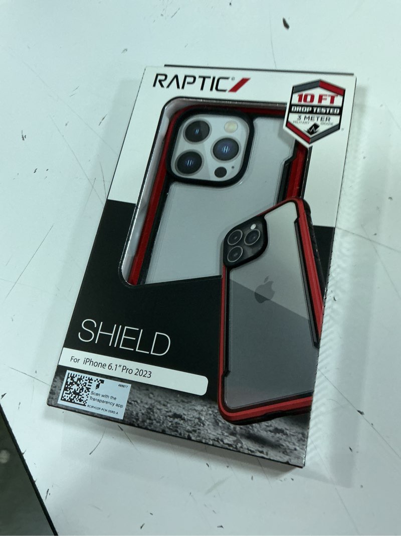 Condition photo showing New/Like New for raptic shield for iphone 15 pro, shockproof protective clear case, military grade 10ft drop tested, durable aluminum frame, anti-yellowing technology, 6.1 inch, iridescent iphone 15 pro iridescent