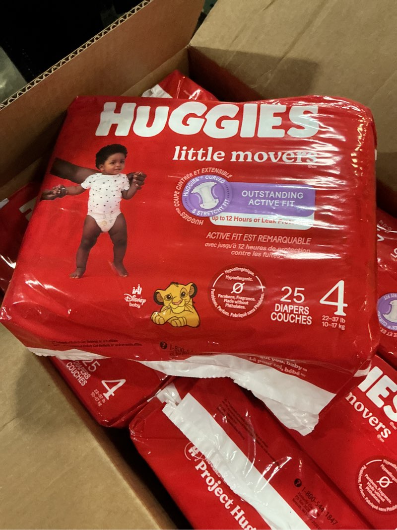 Condition photo showing New/Like New for huggies size 4 diapers, little movers baby diapers, size 4 (22-37 lbs), 150 count (6 packs of 25), packaging may vary size 4 150