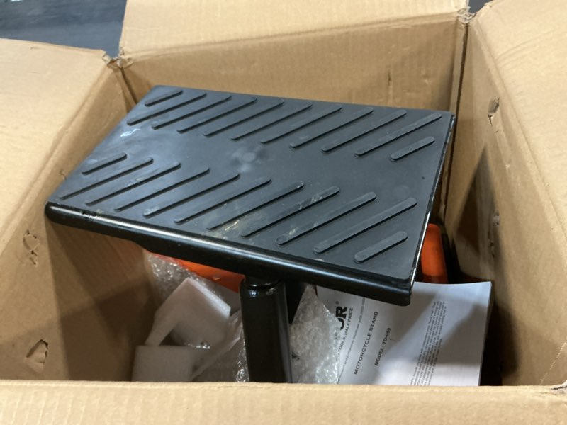 Condition photo showing As Is for vevor dirt bike lift stand, motorcycle jack lift stand 440 lbs capacity and hydraulic lift operation, adjustable height hoist table, for dirt pit bike repair, maintenance, dirt bike accessories