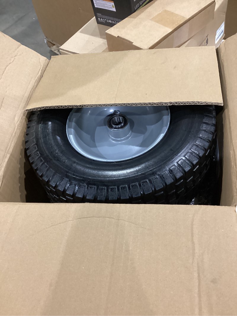 Condition photo showing New/Like New for ar-pro (2 pack) 13x5.00-6 flat free tire and wheel assembly, solid lawn mower front tire with 3" centered hub, 3/4" bearing extra 5/8"&1/2", compatible with riding mowers & garden tractors 13 x 5.00-6" flat-free (centered hub) silver