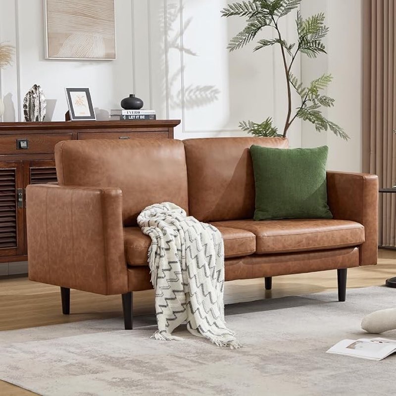 Kingfun Mid Century Modern Sofa with Solid Wooden Frame Faux Leather Brown *INCOMPLETE