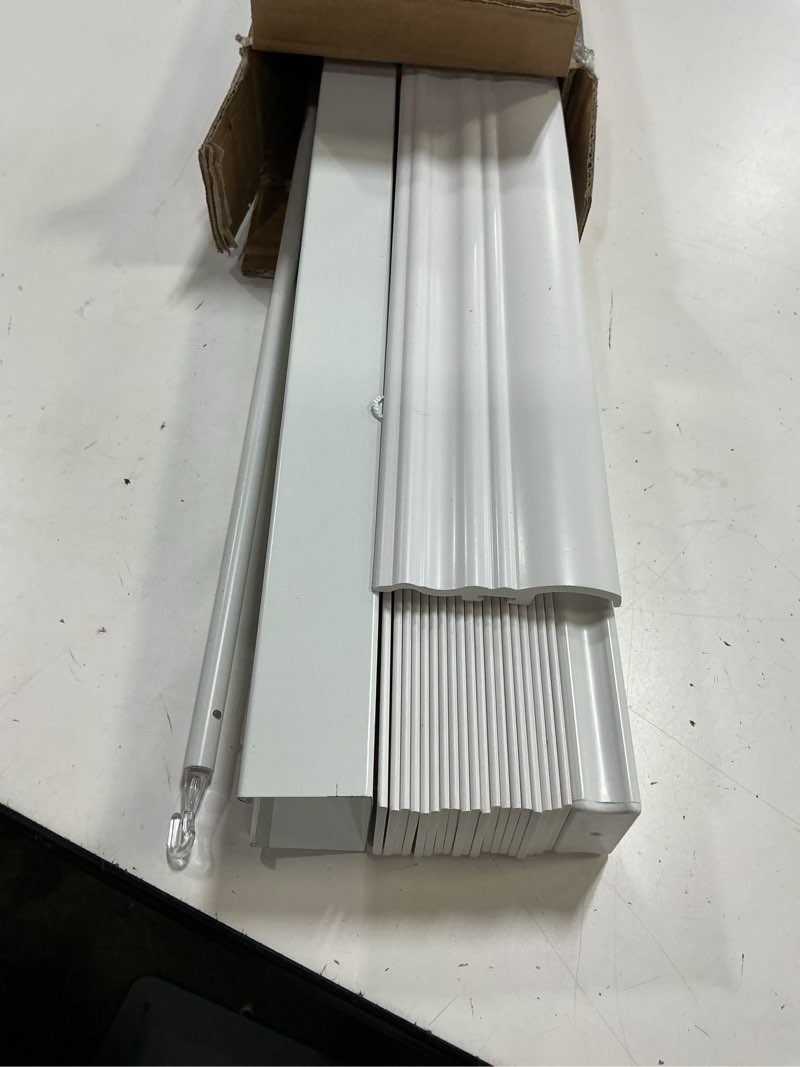 Condition photo showing As Is for lazblinds 2-inch cordless faux wood blinds with royal valance, room darkening horizontal window blinds, inside mount blinds for windows - fit for window 22.625" w x 36" h - white white 22 5/8"w x 36"h