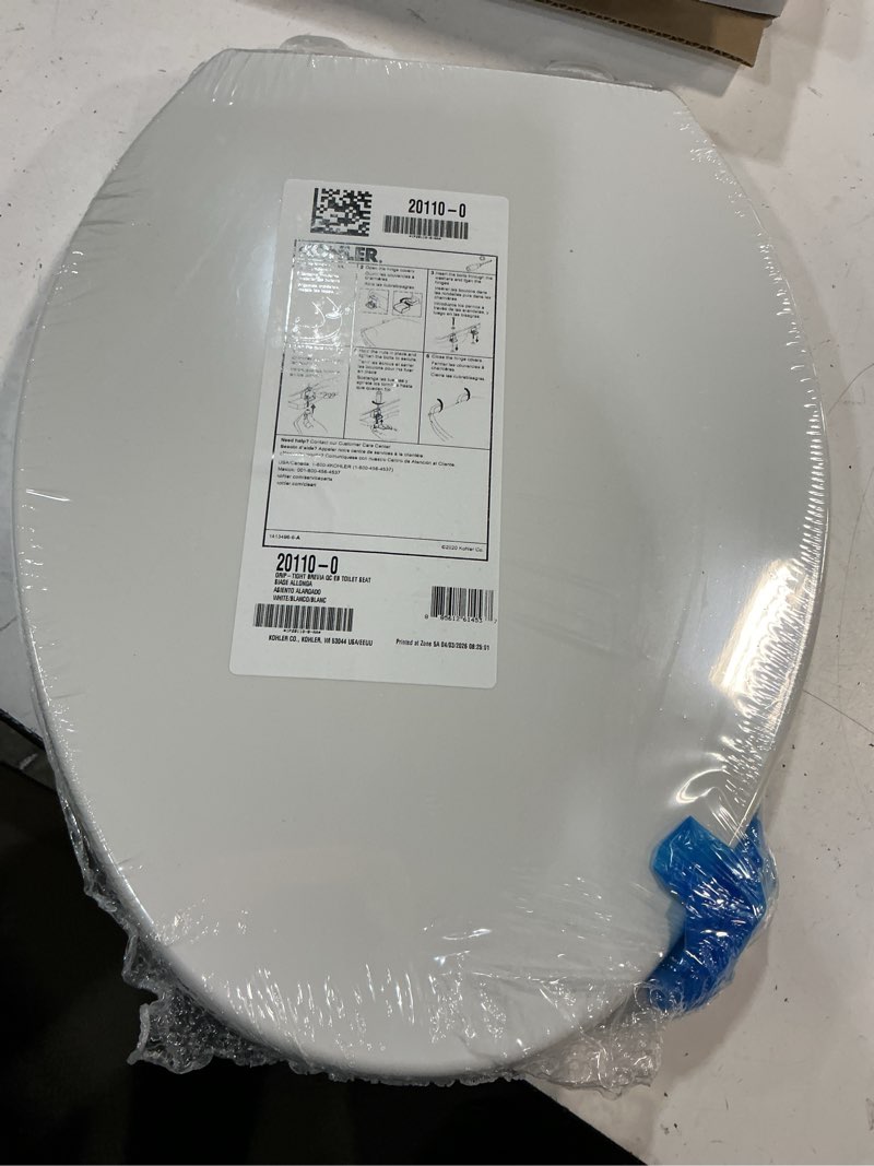 Condition photo showing New/Like New for kohler 20110-0 brevia, slow close toilet seat, elongated toilet seat, grip-tight bumpers quick-attach hardware, white white elongated quiet-close