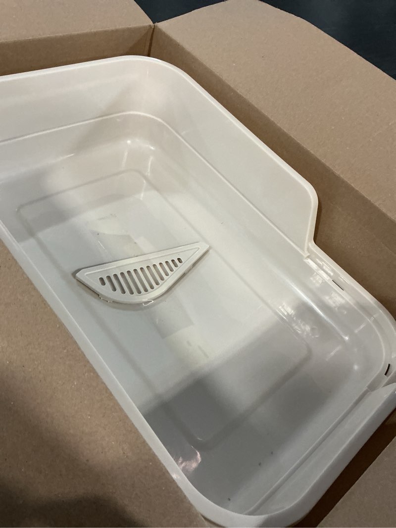 Condition photo showing As Is for Extra Large Litter Box with Low Entry,Jumbo Cat Litter Box for Kitty and Senior Cats,Cat Box for Indoor Cats,Open Top Corner Litter Pan,Easy to Clean,23.6" L x 15.7" W x 5.9" H (White)