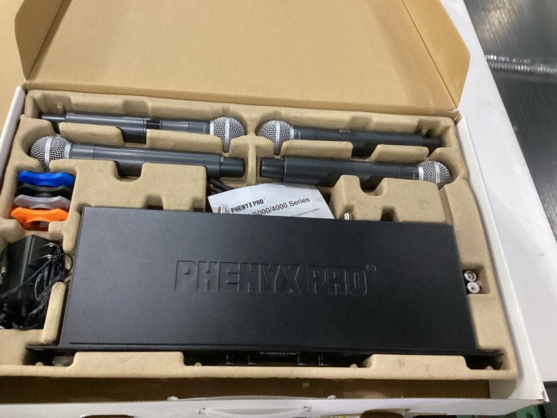 Condition photo showing New/Like New for Phenyx Pro Wireless Microphone System, 4-Channel UHF Wireless Mic, Fixed Frequency Metal Cordless Mic with 4 Handheld Dynamic Microphones, 260ft Range, Mics for Singing, Church(PTU-5000-4H)