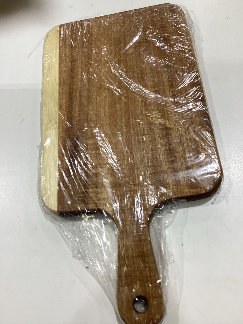 Condition photo showing Good Condition for acacia wood cutting board with handle - 14 x 7in, wooden chopping board for meat, cheese, bread, fruits & vegetables – ideal charcuterie & serving board, durable butcher block 13.8"l x 7.1"w
