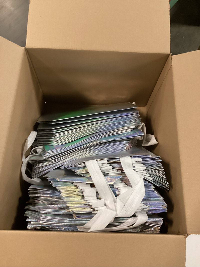 Condition photo showing Good Condition for 100 pcs iridescent glossy gift bags medium size, 8x4x10 in holographic reusable gift bags with handles & sturdy base, ideal for birthday, wedding, bachelorette, party favors, holiday goodie bag iridescent-medium-100 pcs 1 count (pack of 100)