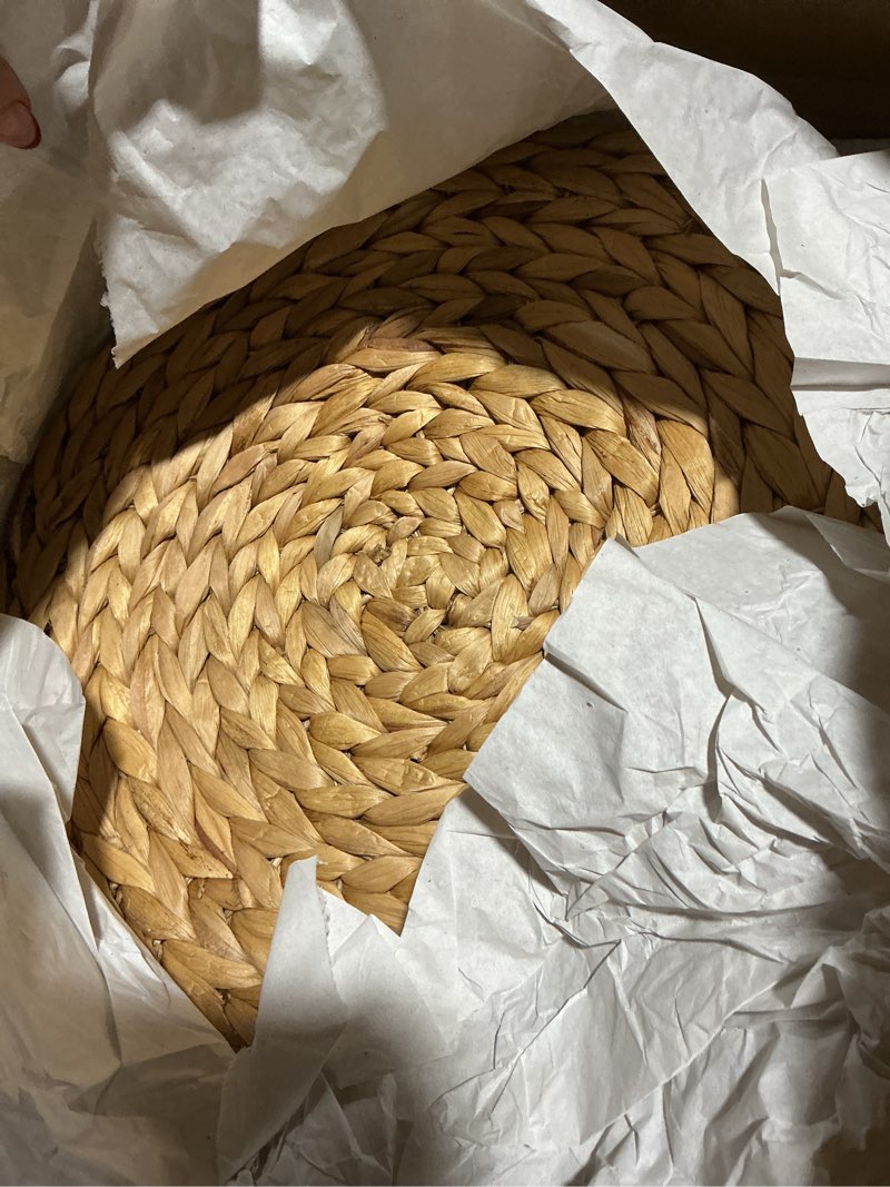 Condition photo showing As Is for 13.7 Inch Round Woven Placemats Set of 8, Herringbone Pattern, Table Mats Braided Heat Proof, Farmhouse Boho Table Place Mat Ourdoor Wicker Chargers for Dinner Plates 13.7 inch Set of 8
