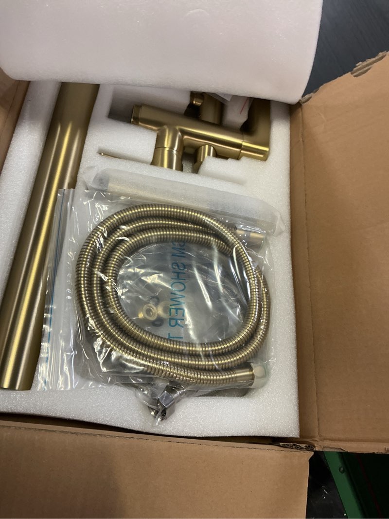 Condition photo showing As Is for taplong waterfall freestanding bathtub faucet set single handle floor mount tub filler with hand shower high flow rate max 6 gpm, brushed gold free standing tub faucet, 51019bg brushed gold waterfall mouth