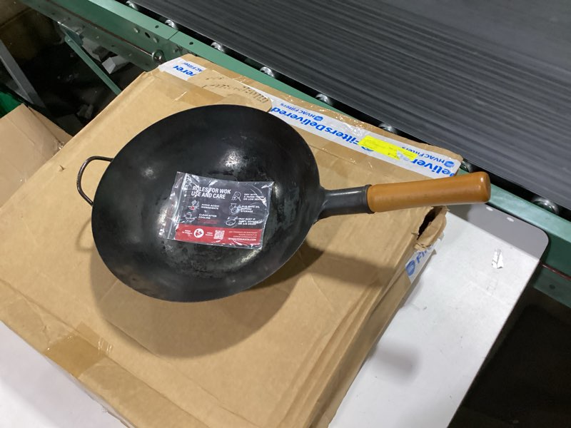 Condition photo showing Good Condition for hand wrought iron pon saute pan with wood handle traditional round bottom wok induction cook set-34cm