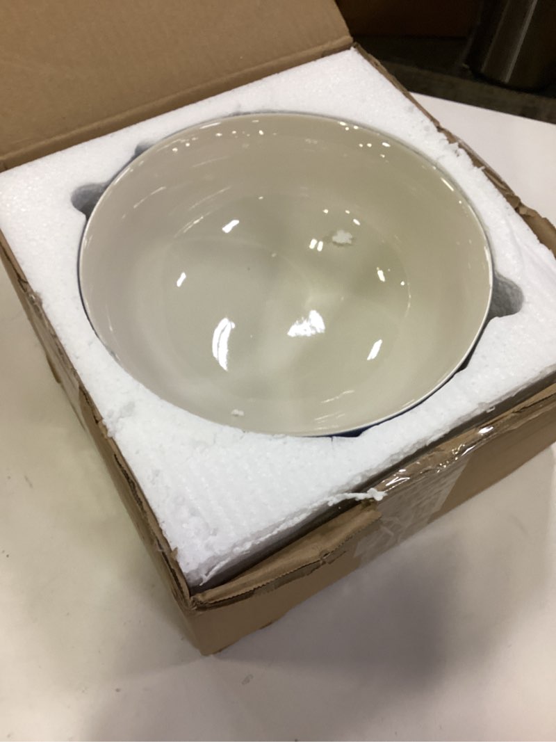 Condition photo showing Good Condition for Maxdot Blue and White Bowl 10 x 5 Inch Large Hand Painted Stoneware Decorative Vase Bowl with Floral Chinoiserie Ceramic Design for Kitchen Centerpiece Creative Home Decor