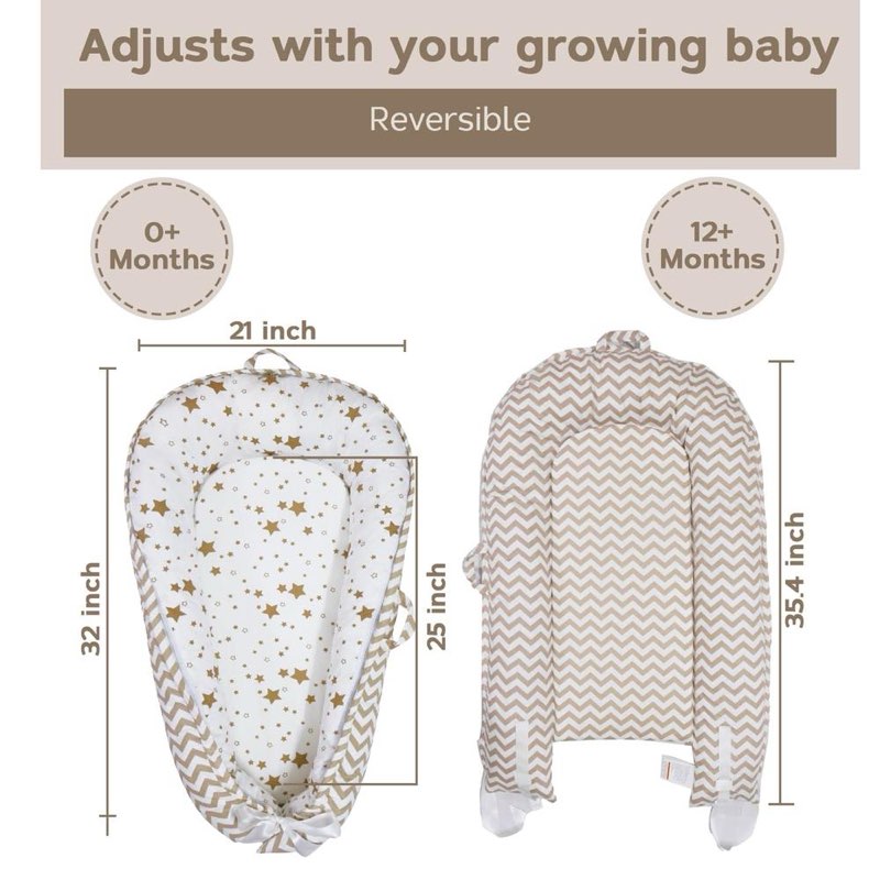 aila+aiden baby nest, baby lounger, organic cotton lounger for baby, reversible breathable adjustable portable - star collection (caramel tan)