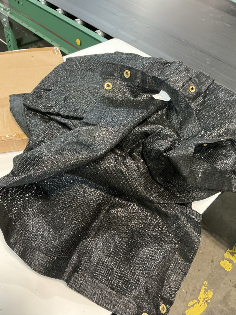 Condition photo showing As Is for black garden shade cloth, mesh tarp with grommets | sunshade net for vegetables, greenhouse, plants cover, patio, chicken coop, barn & kennel, tomatoes