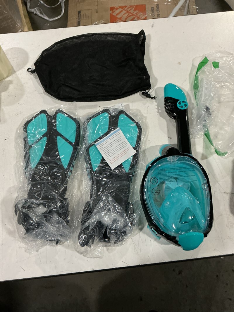 Condition photo showing Good Condition for viginsul snorkeling gear for kids teens, full face snorkel mask & adjustable swim fins snorkel set, panoramic view snorkel mask with dry top system & gear bag, anti-fog anti-leak green