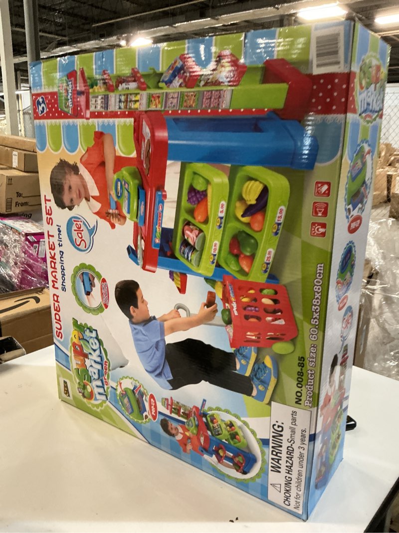 Condition photo showing New/Like New for Supermarket Playset for Kids — Grocery Store Pretend Play with Toy Shopping Cart, Cash Register, Scanner & Play Food Accessories – Fun Gift for Ages 3+