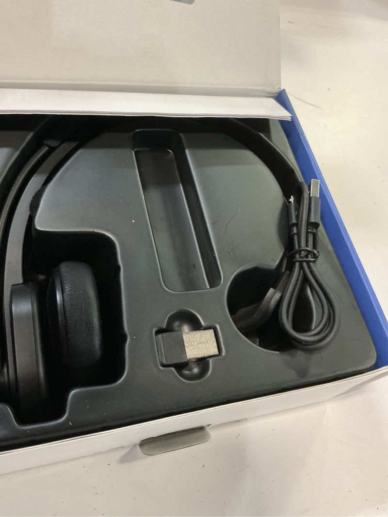 Condition photo showing As Is for bluetooth headset with usb dongle for computer, single-ear wireless headset with noise cancelling microphone for office & truckers, bluetooth v5.2 with mute button for work black