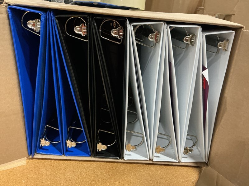 Condition photo showing New/Like New for avery durable view 3 ring binders, 1.5 inch slant rings, 375-sheet capacity, durahinge, 2.1 inch wide spines, 4 each color: black, bright blue, and white (12-pack of 17028)