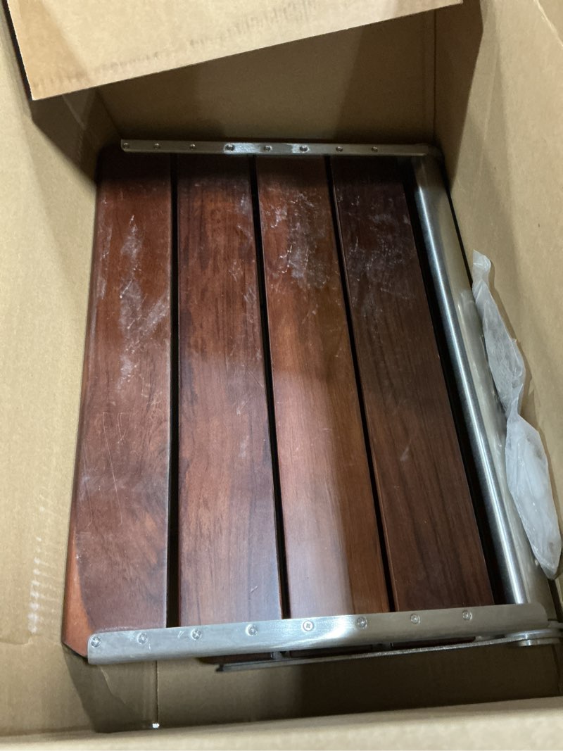 Condition photo showing As Is for 18" ADA Compliant Folding Teak Shower Seat Wall Mounted-Teak Folding Shower Bench, Folding Shower Seat for Inside Shower, Teak Foldable Shower Chair, Fold Down Shower Seat, Max Load 400lbs 18.4*13.4*10.4 Inch?Teak?