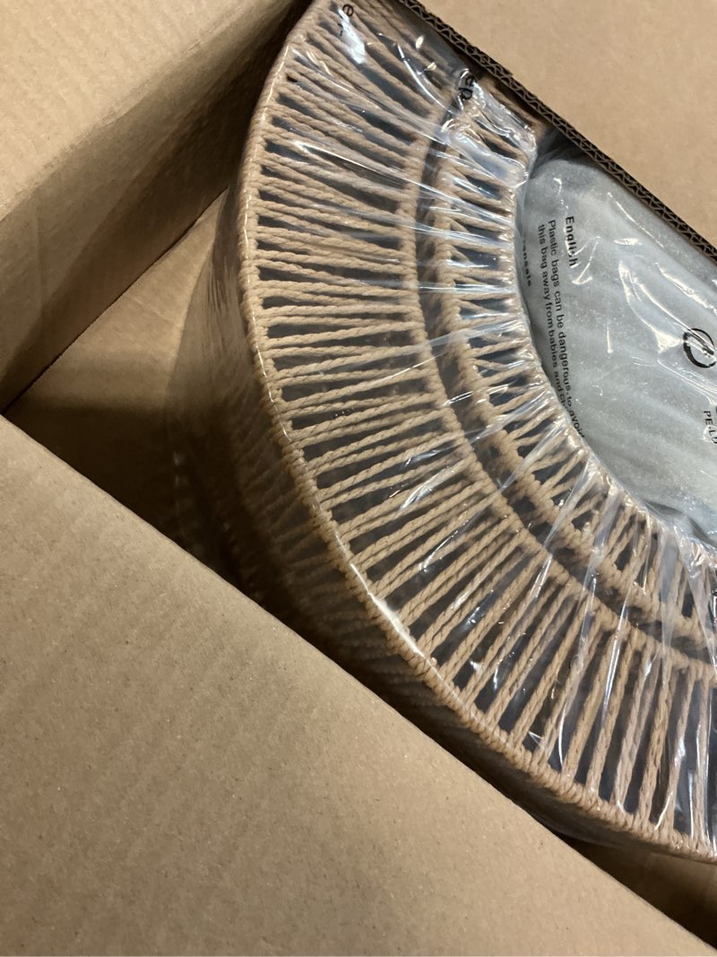 Condition photo showing New/Like New for 17.7"large boho rattan farmhouse chandeliers for dining room,4-light rattan hand-woven rustic drum chandelier pendant light fixture for kitchen island bedroom living room entryway foyer(brown) brown 17.7"